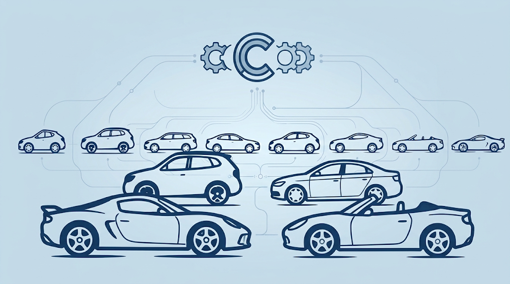 Blaue Vektor-Illustration: Silhouetten verschiedener Fahrzeugklassen sind über Leitungslinien mit einem C-Emblem verbunden.