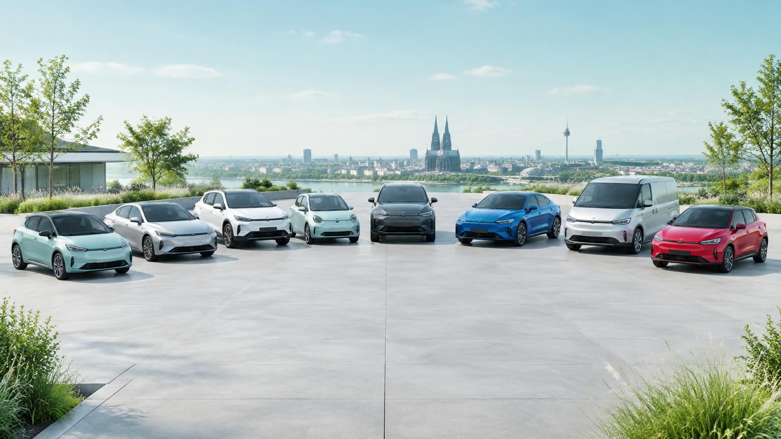 Illustrative Darstellung verschiedener Elektroautos im Halbkreis auf einem hellen Platz.