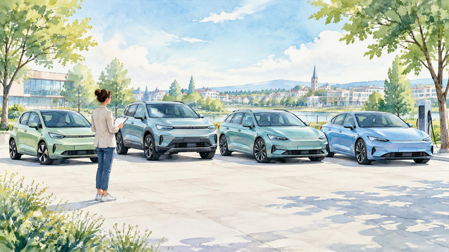 Illustration: Eine Person vergleicht vier Elektroautos unterschiedlicher Bauformen auf einem hellen Platz mit Ladesäule.