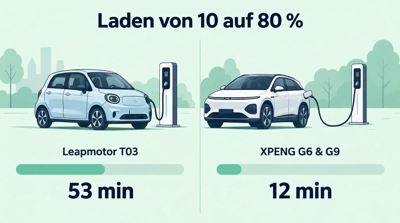 Ladezeitenvergleich von 10 auf 80 Prozent: Leapmotor T03 53 Minuten, XPENG G6 und G9 12 Minuten. Schematische Fahrzeugdarstellungen.