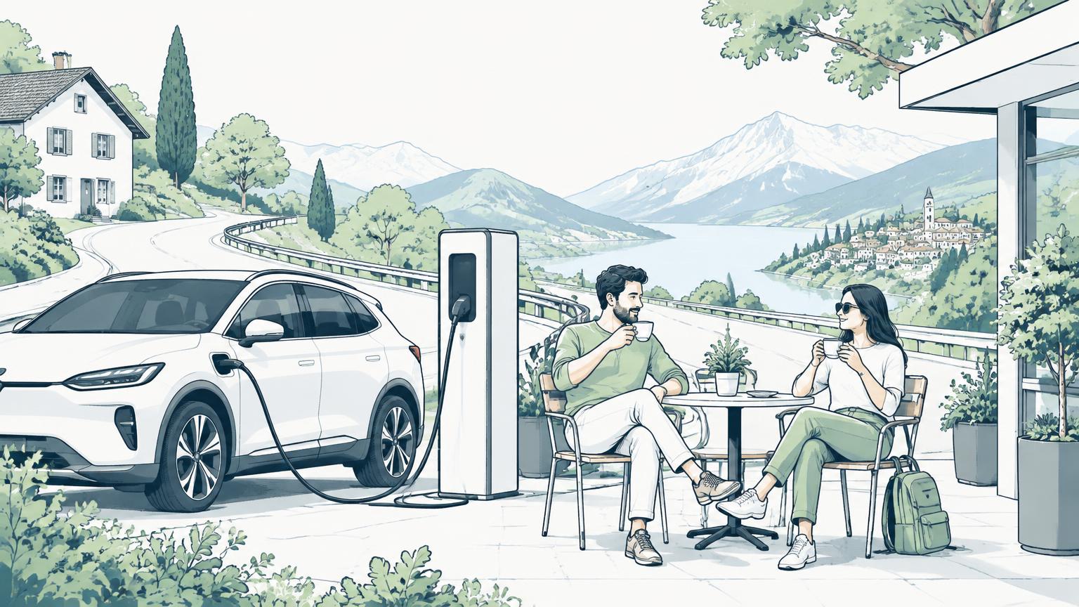 Illustration einer Langstreckenfahrt: Während das E-Auto lädt, trinken zwei Reisende entspannt einen Kaffee.
